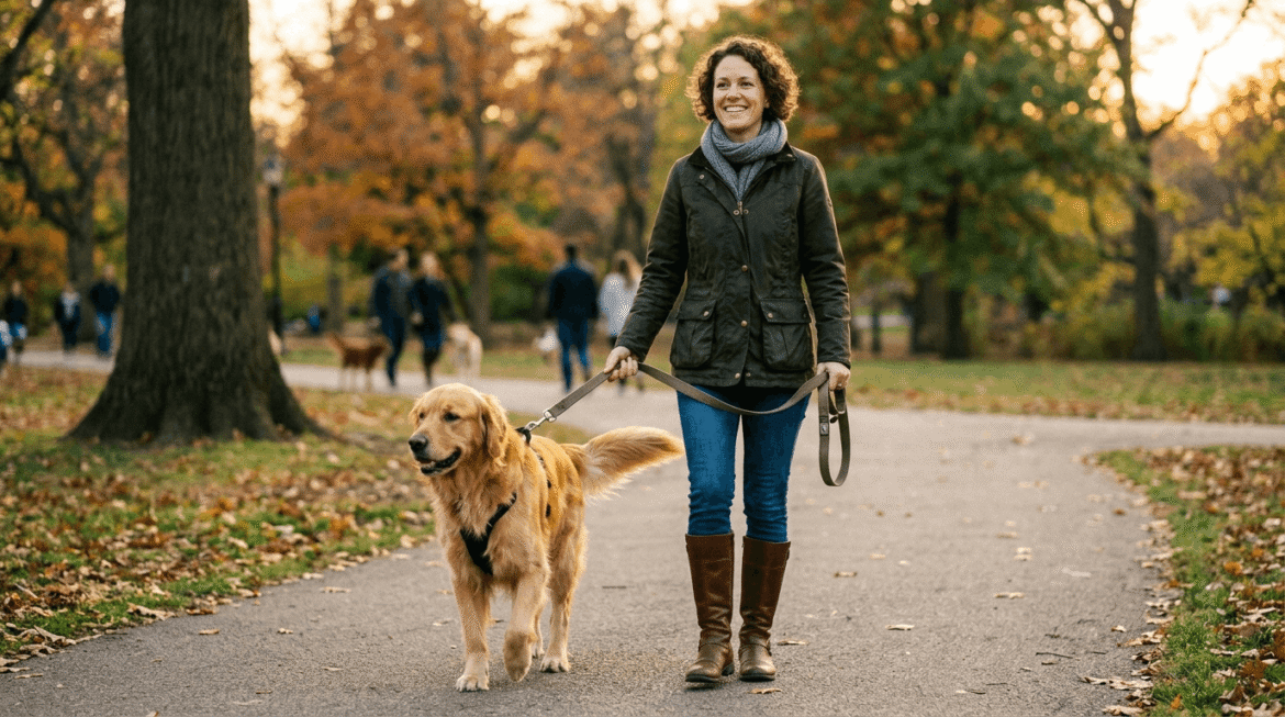 Confident dog owner displaying leadership with well-behaved dog