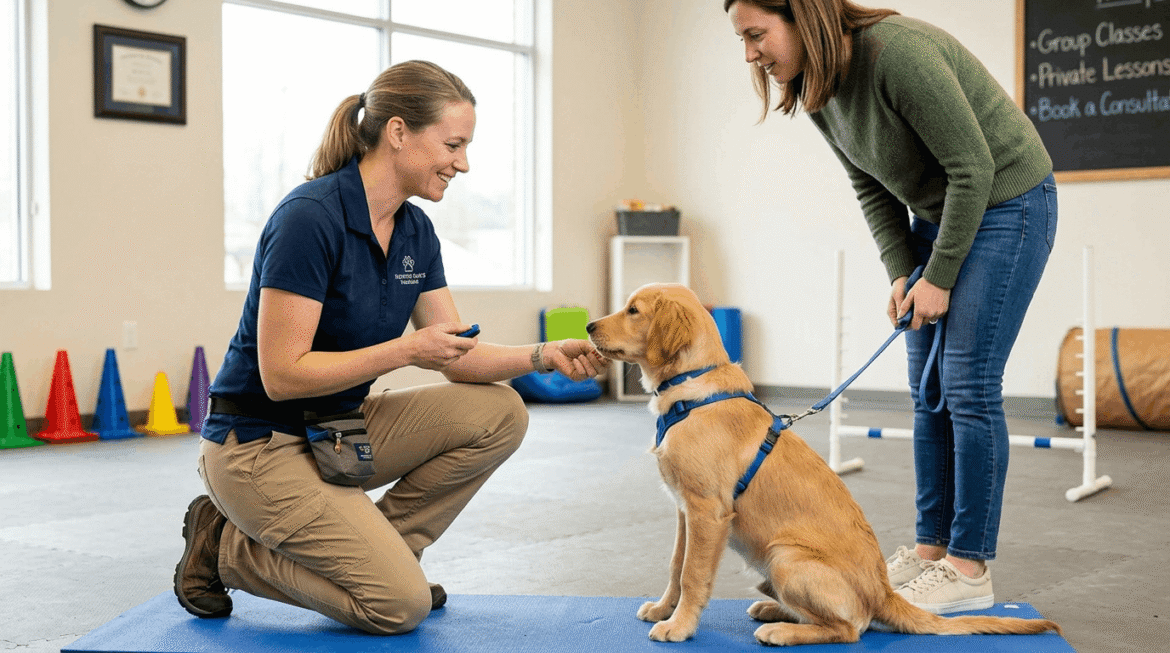 Professional dog trainer working with client and their dog