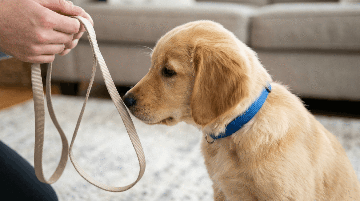 Step-by-step leash training process for dogs with owner guidance