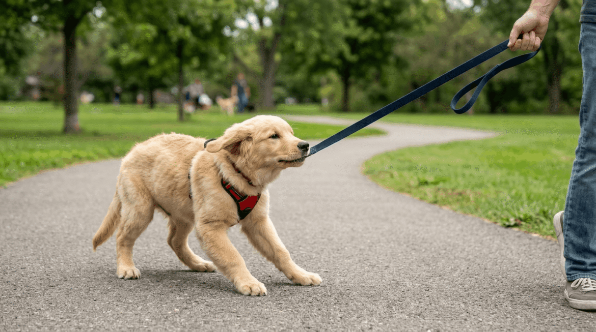 Puppy pulling behavior during leash walks and training solutions.