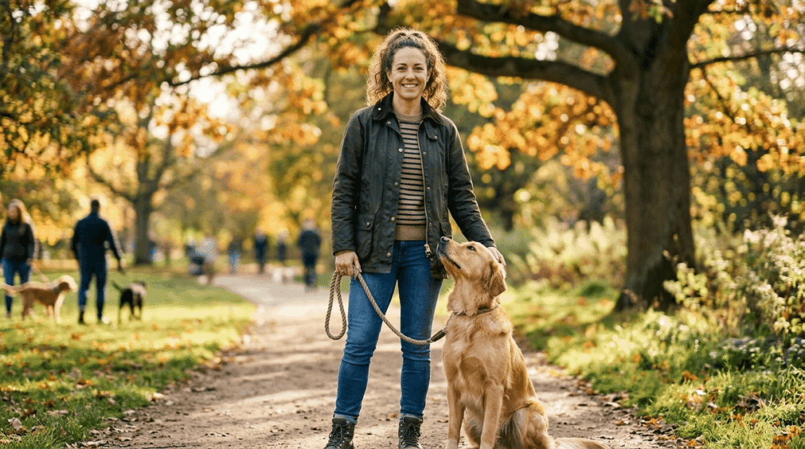 Confident dog parent showing knowledgeable pet owner with happy dog.