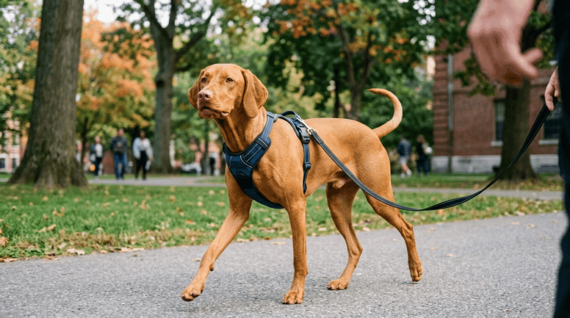 Confident dog walks showing well-behaved dog walking with assurance and good behavior.