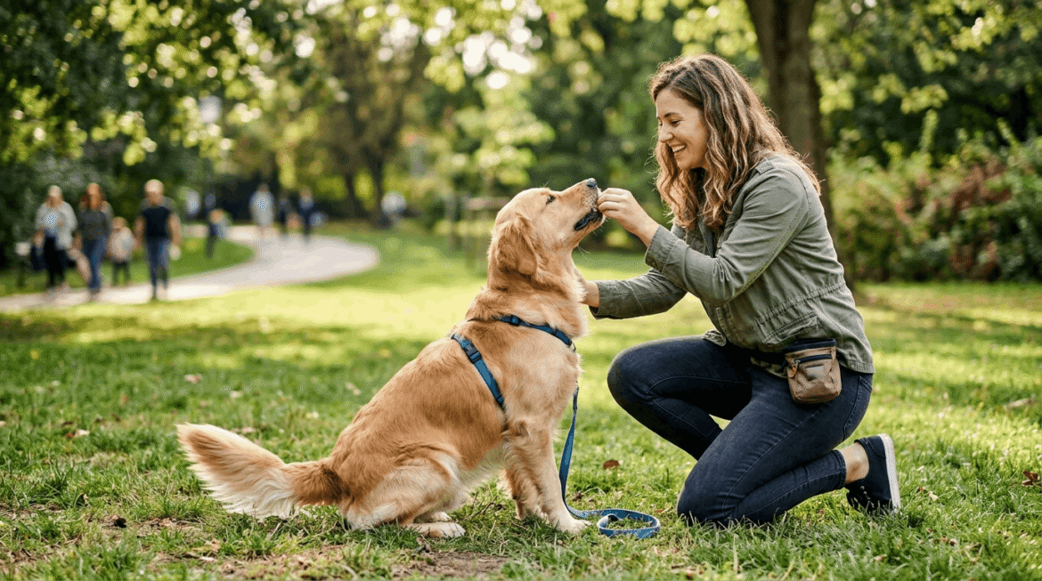 Positive reinforcement training dog with reward-based methods and treats.