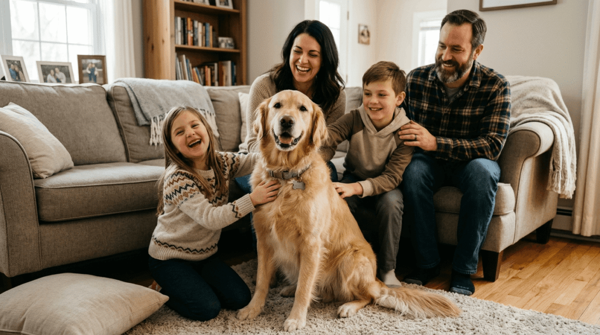 Safe family dog showing gentle friendly temperament with family members.